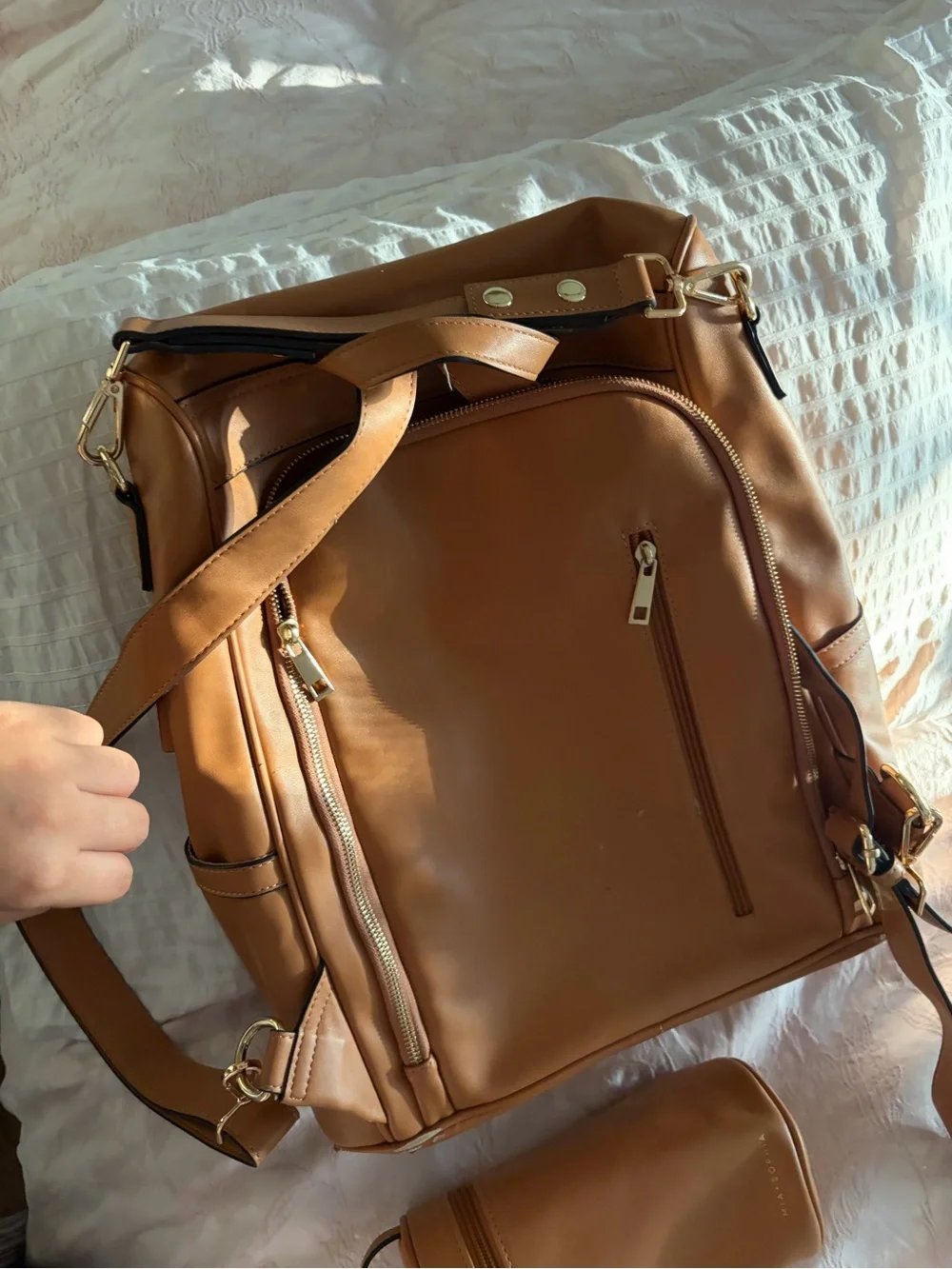 Mia and Sophia backpack diaper bag Tan Leather Convertible Backpack with pouch
